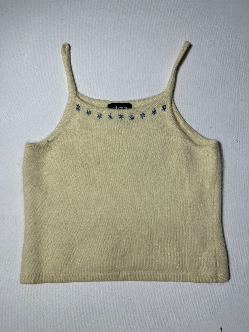 Y2K baddie angora Knit Cami with Blue Floral Embroidery